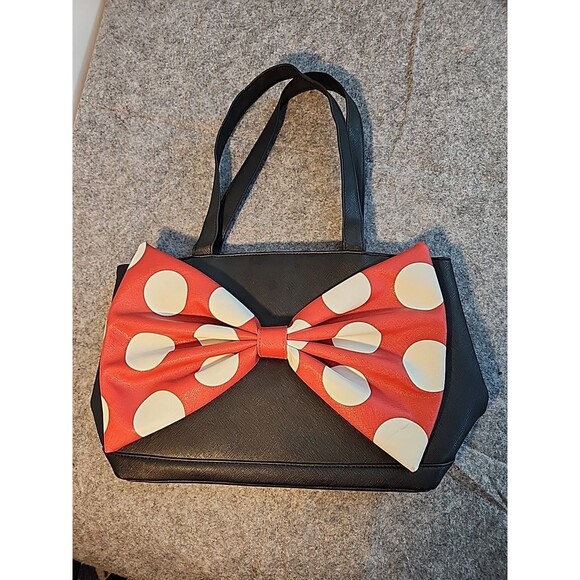 DISNEY Bag Purse Minnie Mouse Handbag Tote Oversized Bow Polka Dots Black Red‎ - Picture 1 of 8